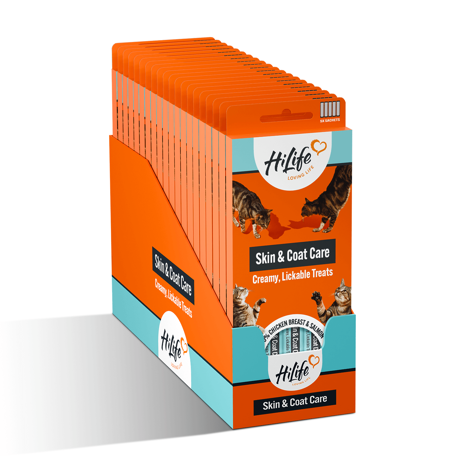 Packaging of HiLife cat treats for skin and coat care on a white background