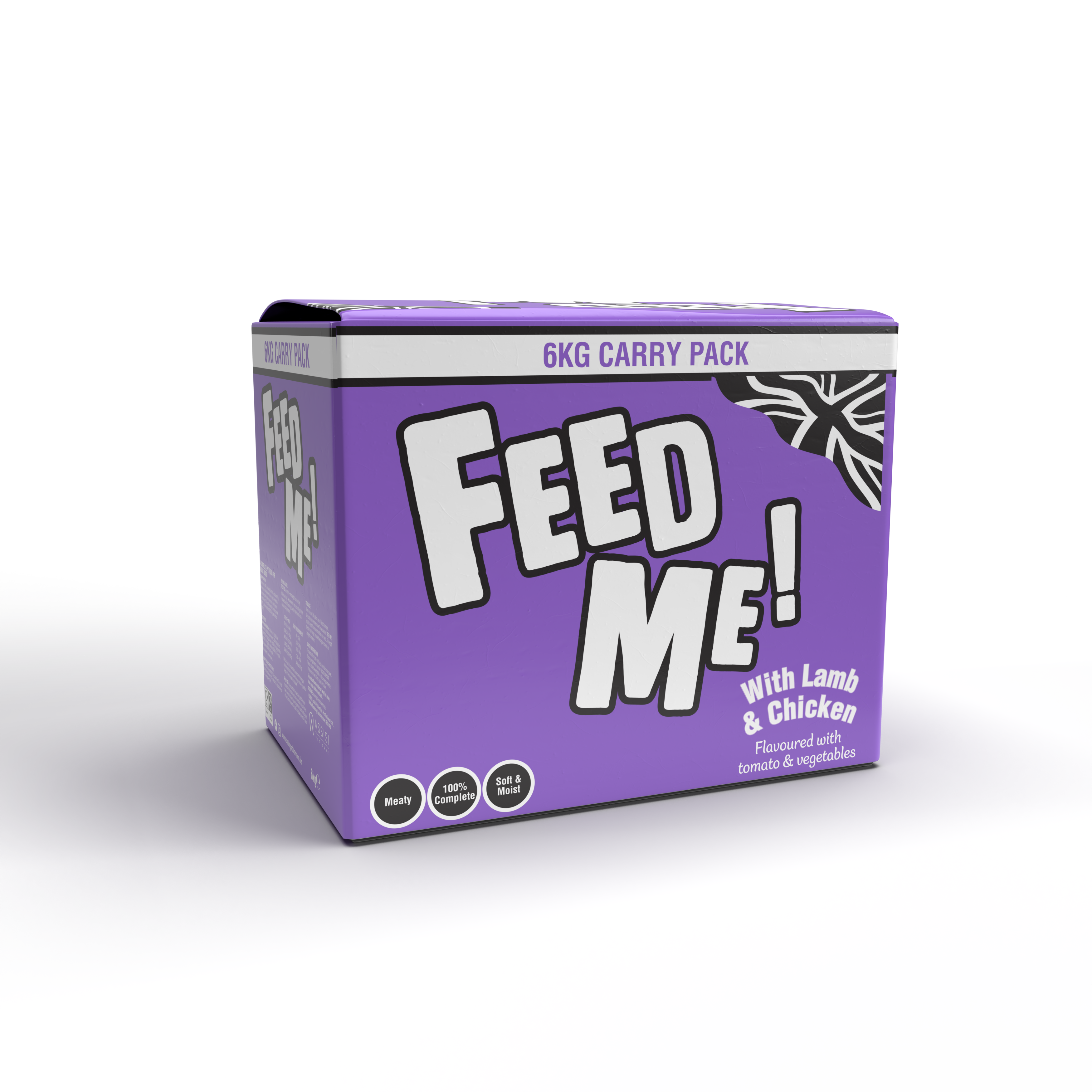 A 6kg carry pack of FEED ME! Adult Dog food with Lamb and Chicken, flavoured with tomato and vegetables. The packaging is purple with white and black text and images.