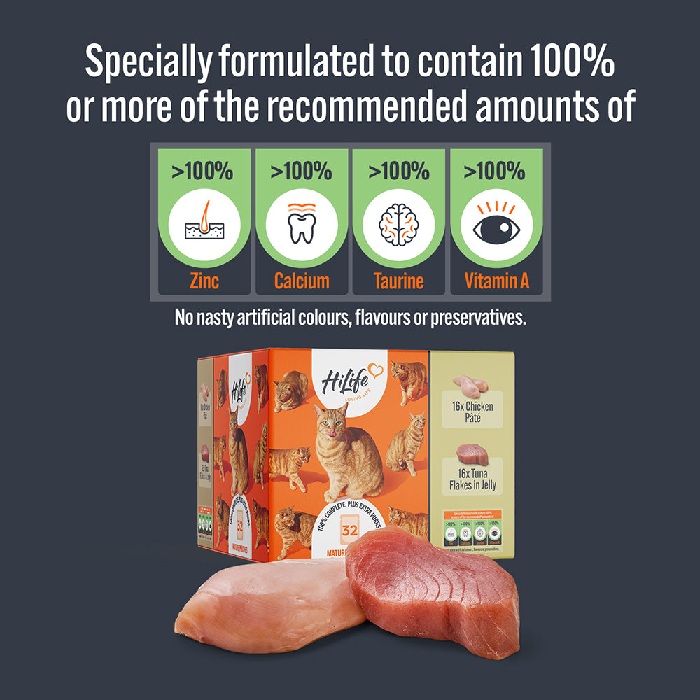 HiLife Mature Cat Chicken Pâté & Tuna Flakes 70g Pouch Selection - 32 Pack