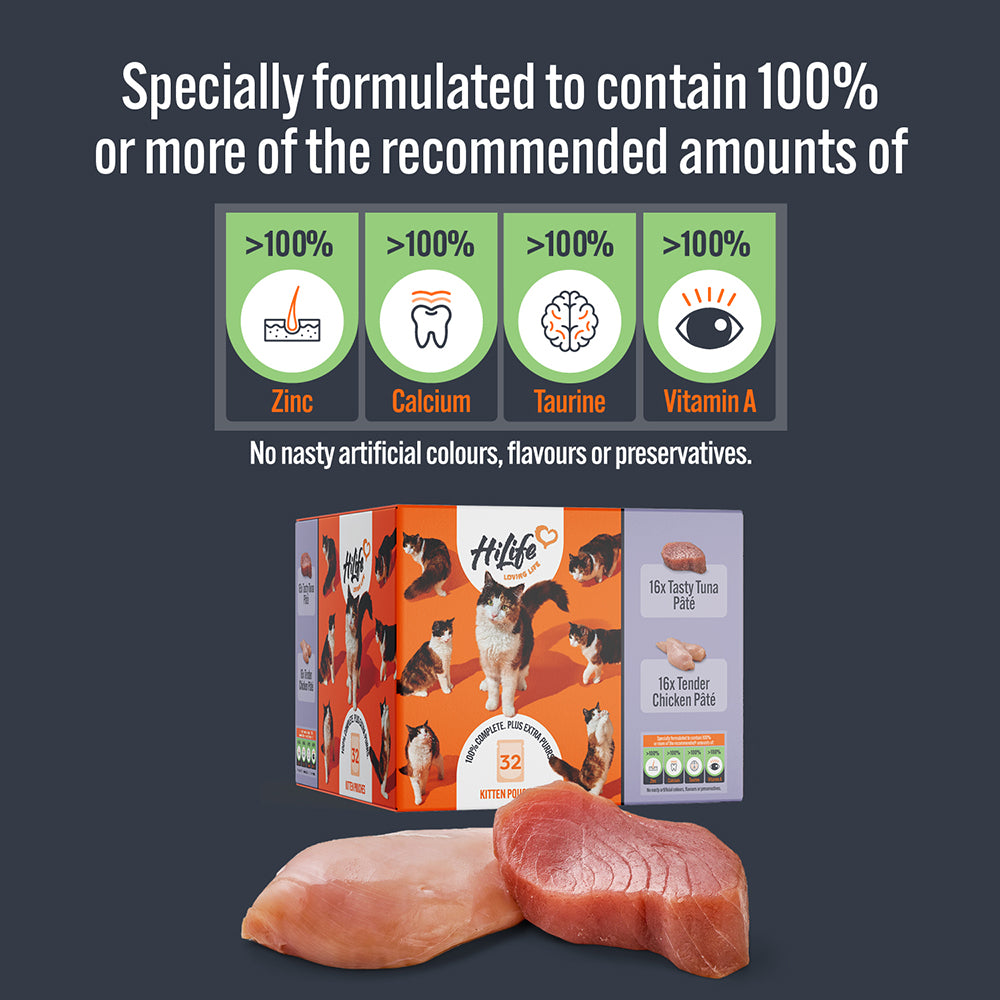 HiLife Kitten Chicken and Tuna Pâté 70g Pouch Selection - 32 Pack