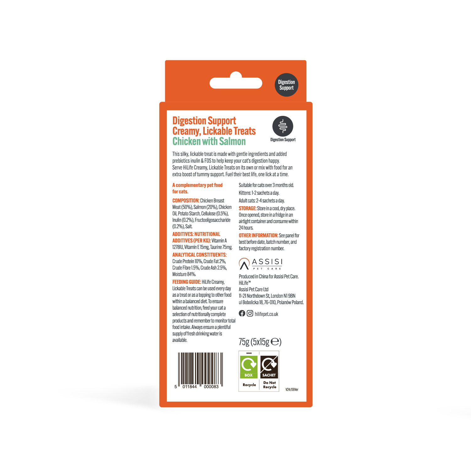 Package of HiLife cat lick treats for digestion support with orange border and white background