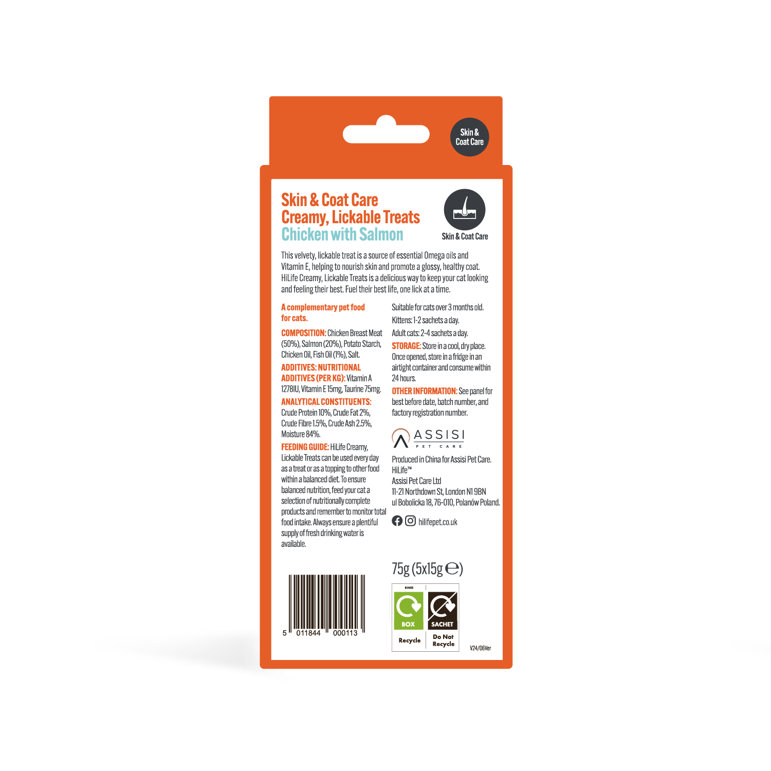 HiLife Skin & Coat Care treat packaging with text and branding on a white background