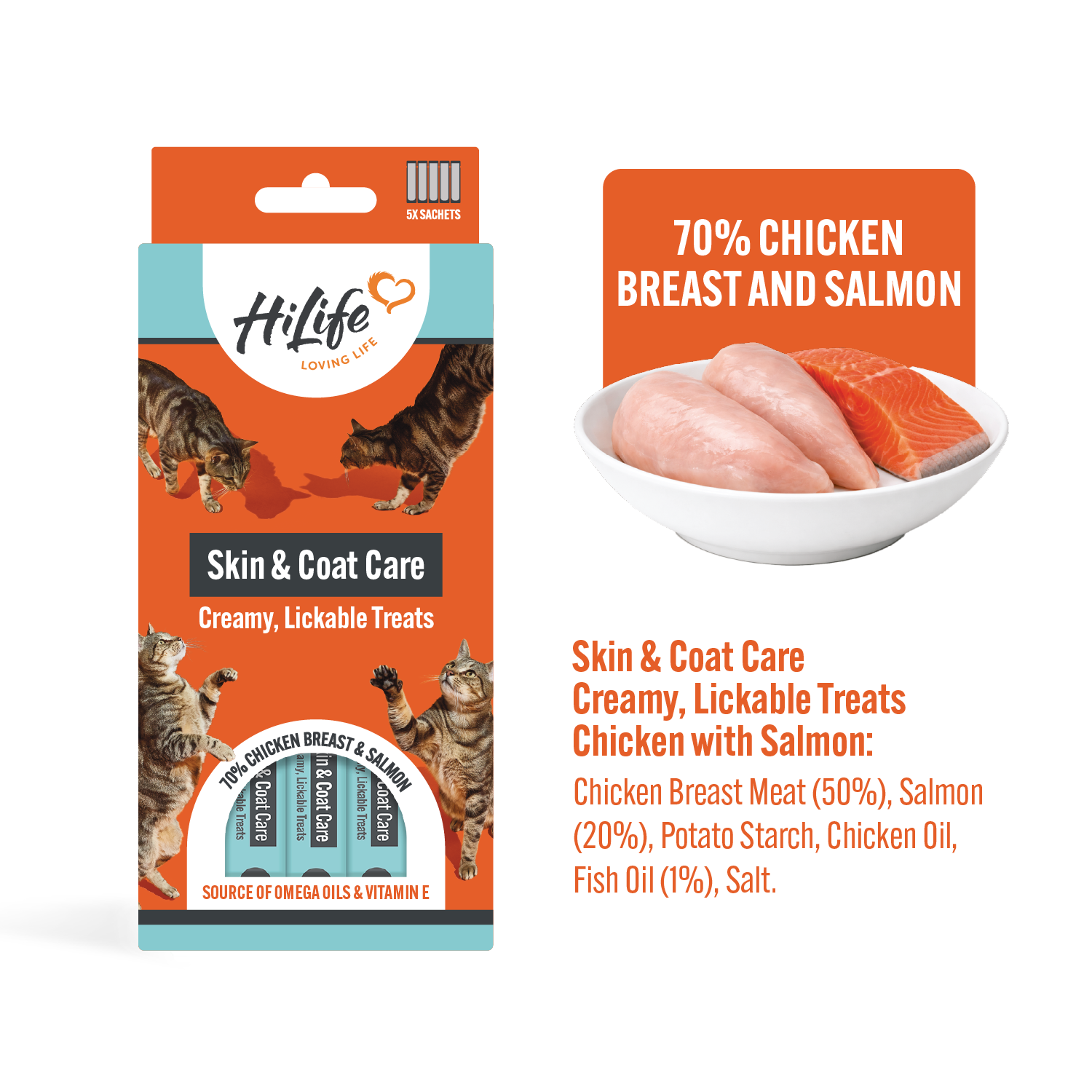 HiLife Skin & Coat Care Cat Licks Ingredients List, including 70% Chicken Breast and Salmon