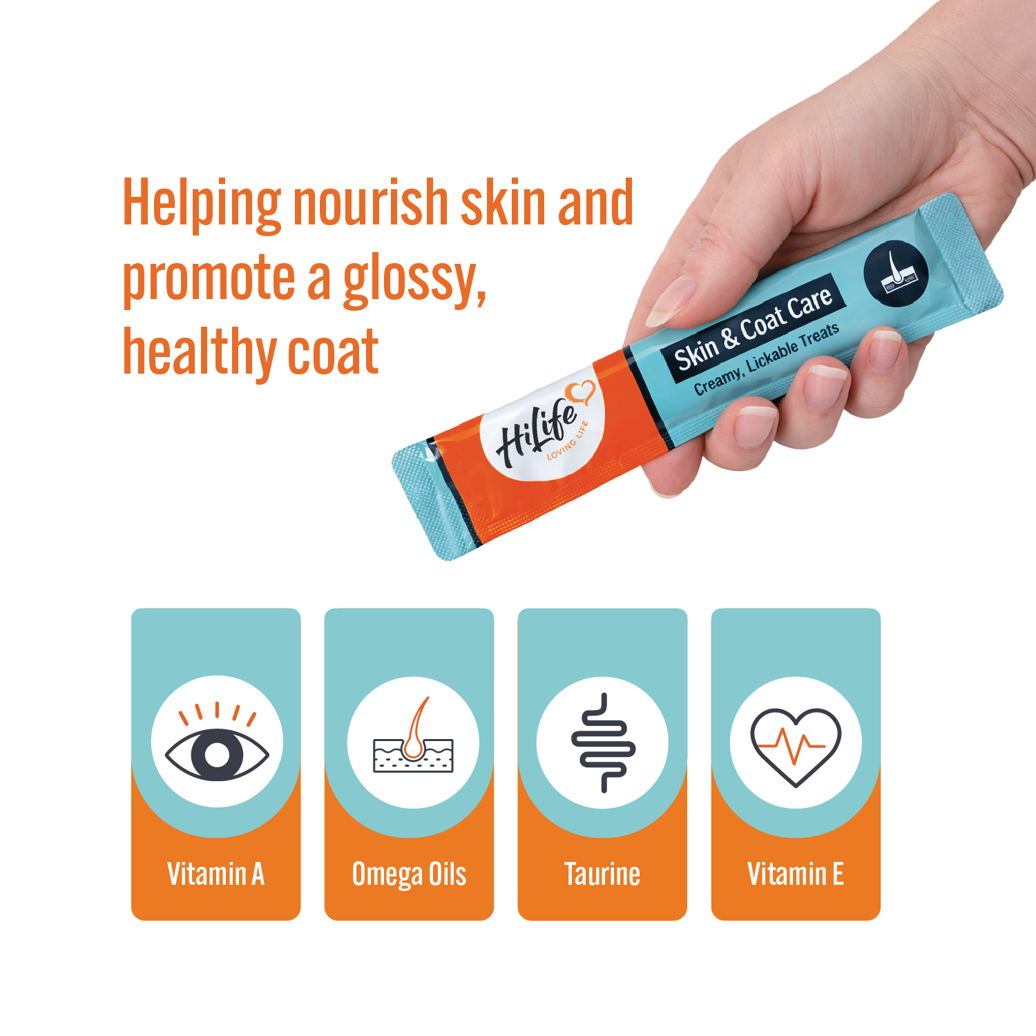 Hand holding a tube of Hilife Skin & Coat Care product with text and icons on a white background
