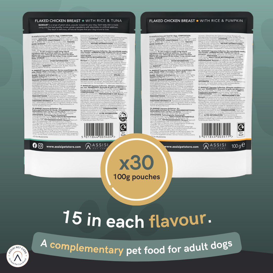 Banquet Adult Dog Mixed Case Chicken with Rice & Tuna or Pumpkin in Jelly Pouch - 30 Pack