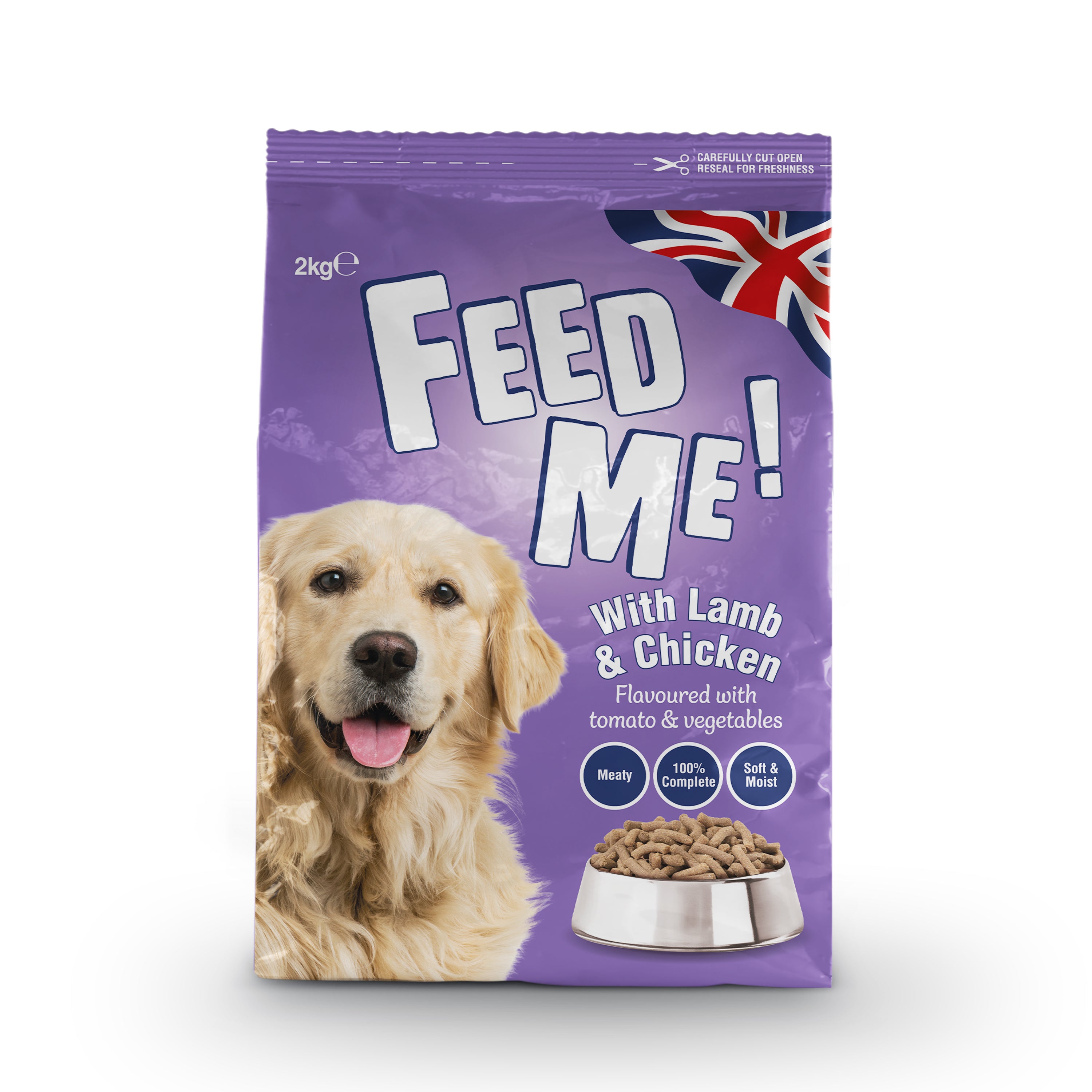 A 2kg bag of FEED ME! Adult Dog food with Lamb and Chicken, flavoured with tomato and vegetables. The packaging is purple with white and black text and images.