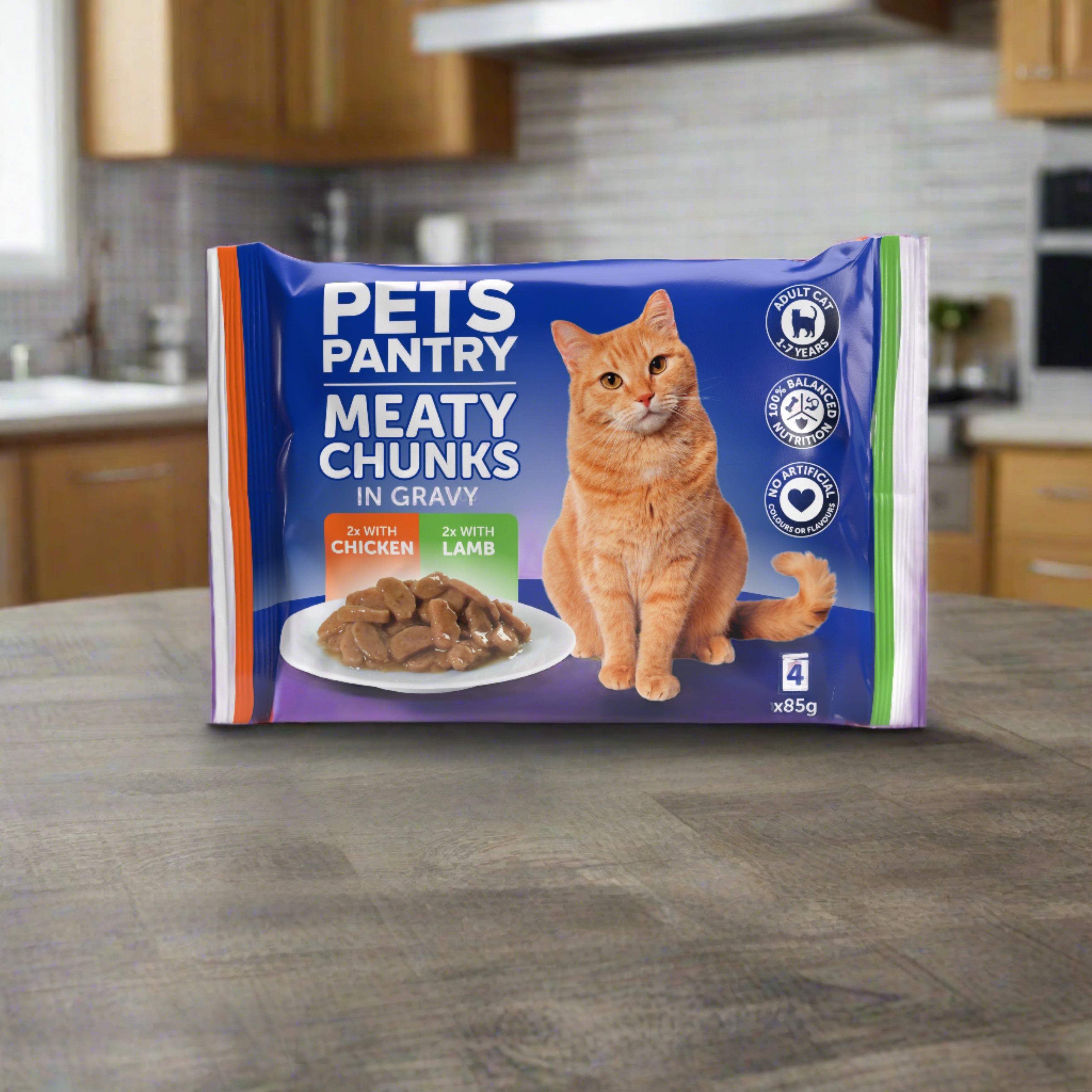 Pets Pantry Adult Cats Meaty Chunks in Gravy Pouch - 52 Pack