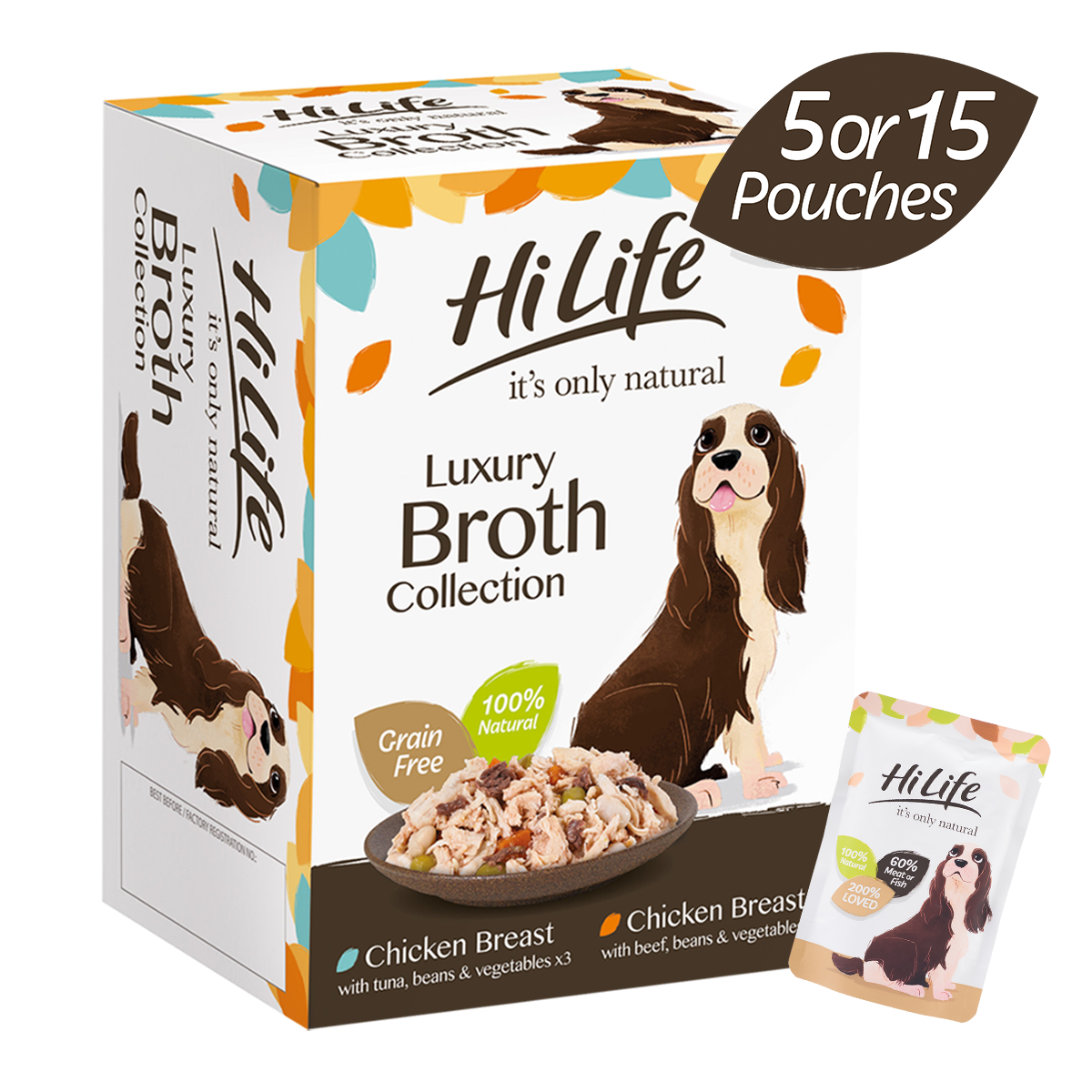 Side picture of 5 or 15 pouches of HiLife its only natural The Luxury Broth Collection wet pouch dog food multipack, containing an assortment of Chicken Breast with tuna, beans and veg and Chicken Breast with beef, beans and veg recipes. Made using 100 percent natural ingredients and real meat or fish