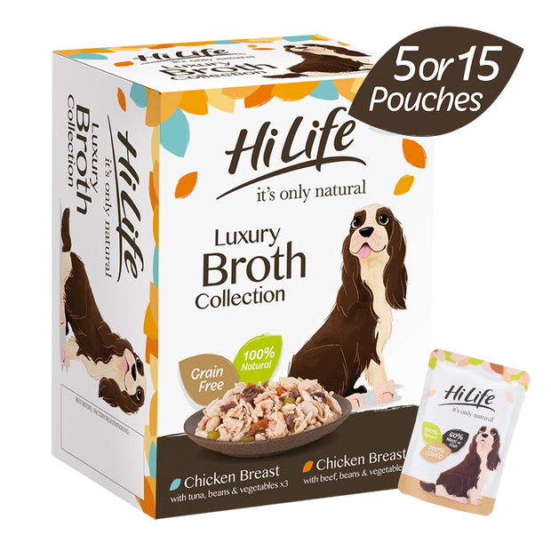 Side picture of 5 or 15 pouches of HiLife its only natural The Luxury Broth Collection wet pouch dog food multipack, containing an assortment of Chicken Breast with tuna, beans and veg and Chicken Breast with beef, beans and veg recipes.  Made using 100 percent natural ingredients and real meat or fish