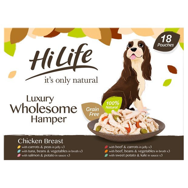 Front facing of HiLife its only natural The Luxury Wholesome Hamper featuring 18 mixed chicken recipe dog food pouches, made with 100 percent natural ingredients and 60 percent meat or fish.