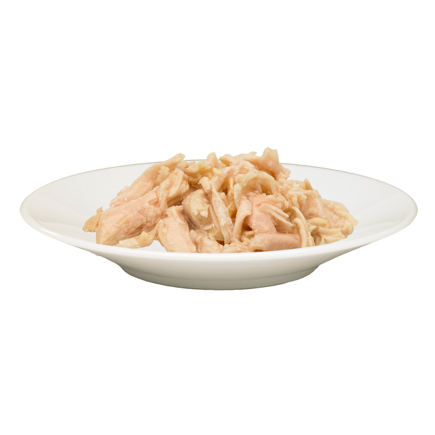 Plate of high quality luxury chicken breast pieces in a light sauce from the HiLife its only natural cat food range