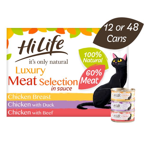 Front facing picture of a HiLife its only natural Luxury Meat Selection multipack in sauce with 100 percent natural ingredients and 60 percent meat.