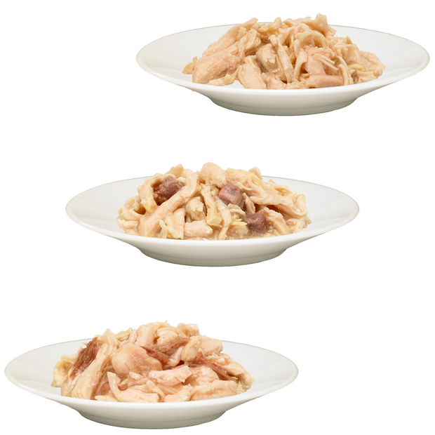3 bowls of HiLife its only natural Luxury Chicken Breast, Chicken with Duck and Chicken with Beef cat food in Sauce with real flakes of chicken and pieces of 100% natural beef and duck in sauce.  Grain Free and contains no artificial colours, flavours or preservatives