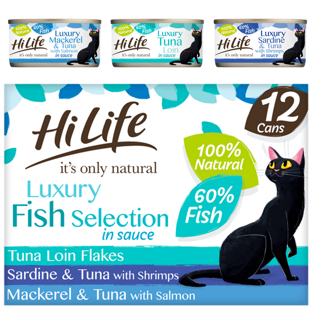 Picture of 12 can case of HiLife its only natural Luxury Fish Selection in sauce containing Tuna Loin Flakes, Sardine and Tuna with Shrimps and Mackerel and Tuna with Salmon recipes - made with high quality 100 percent natural ingredients