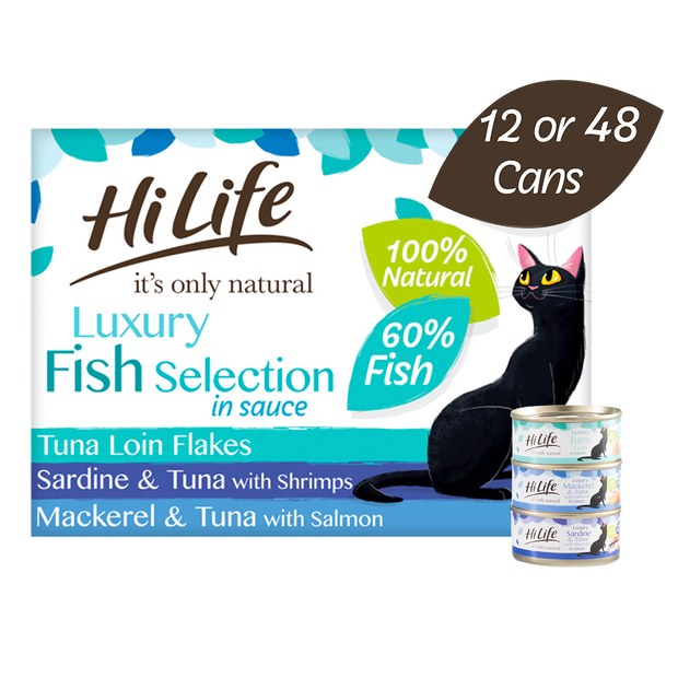 Picture of 12 or 48 can case of HiLife its only natural Luxury Fish Selection in sauce containing Tuna Loin Flakes, Sardine and Tuna with Shrimps and Mackerel and Tuna with Salmon recipes - made with high quality 100 percent natural ingredients