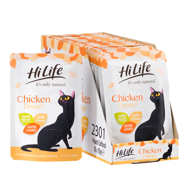 Picture of 18 pouch pack of  HiLife its only natural Chicken Dinner pouch cat food with 100% natural ingredients