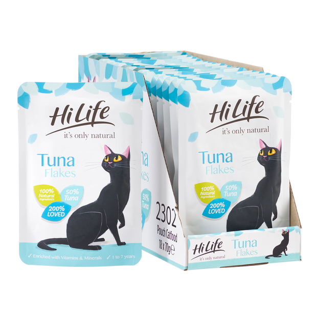 Picture of 18 pouches of HiLife its only natural Tuna Flakes Cat Food with 100% natural ingredients