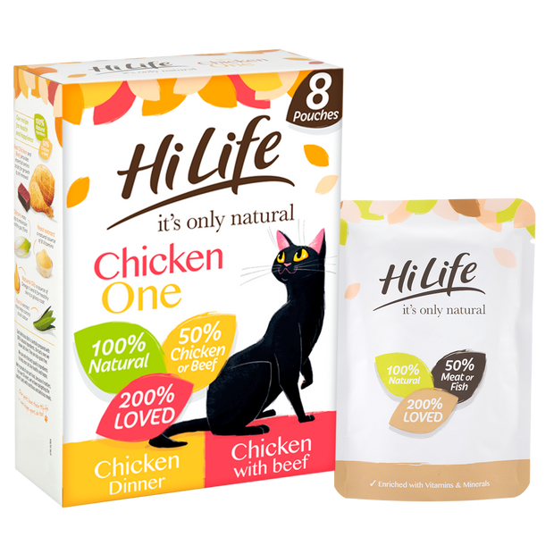 Angled Picture of HiLife its only natural The Chicken One Cat Food with 100% natural ingredients