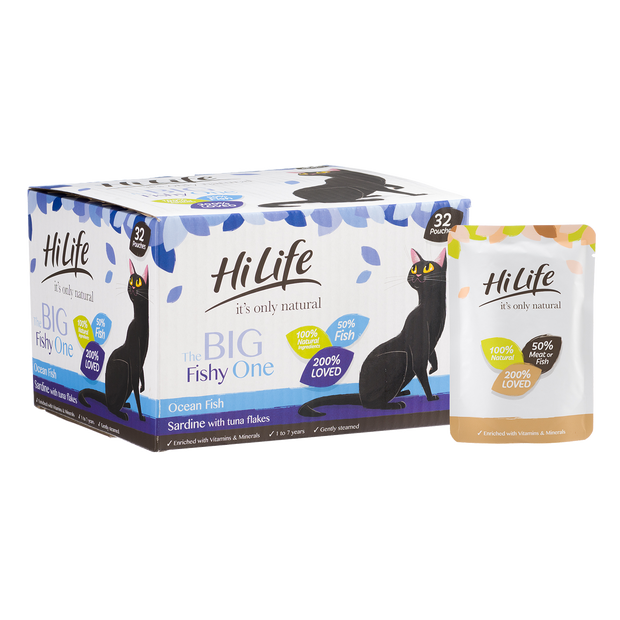 Picture of Angled 32 Pouch Pack of HiLife its only natural The Big Fishy One Cat Food with 100% natural ingredients