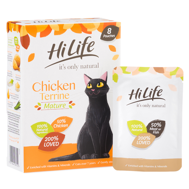 Angled Picture of  100% natural HiLife its only natural Senior Cat Food, made with 50% chicken