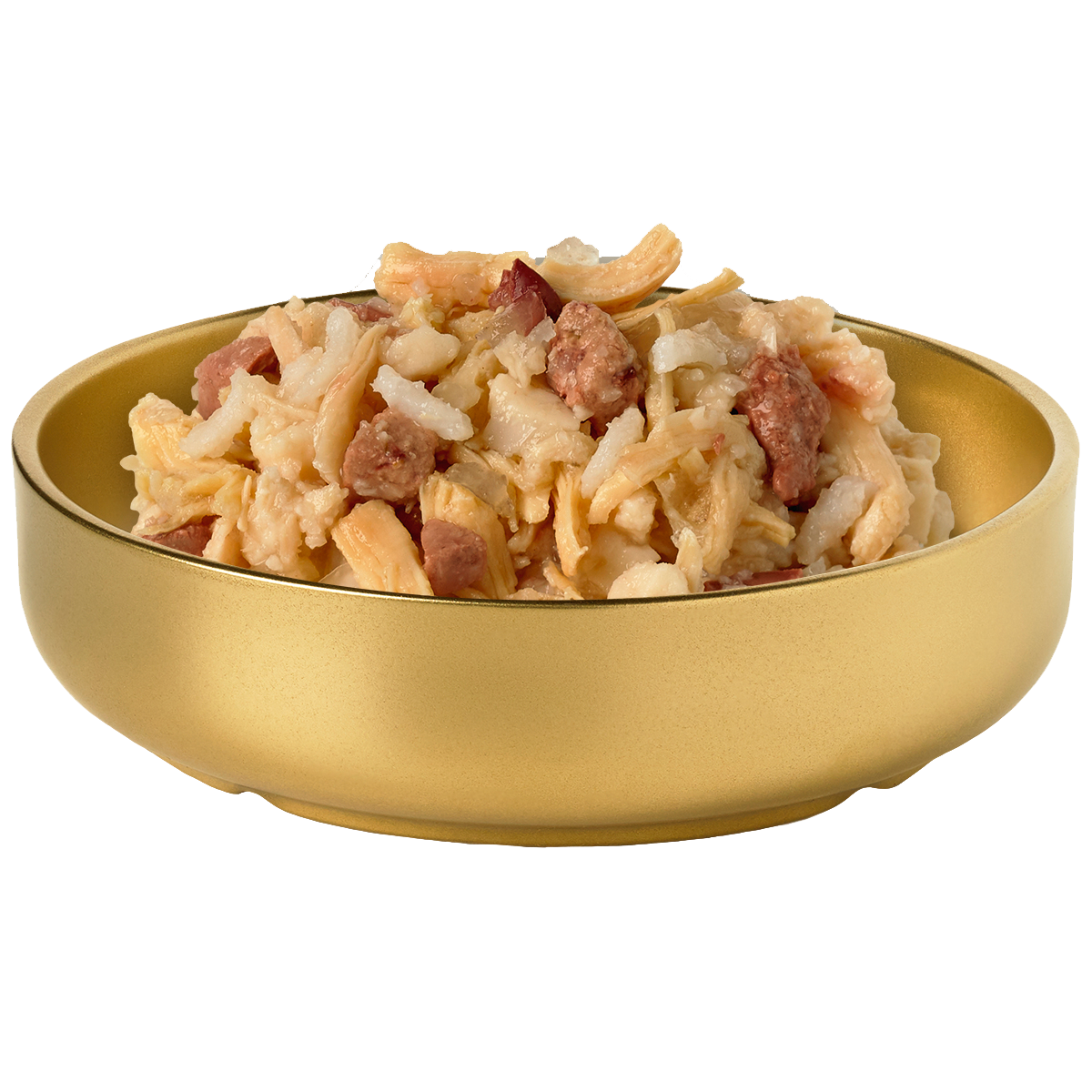 Picture of a Bowl of HiLife Banquet Flaked Chicken with Rice and Liver Dog Food showing delicious flakes of real chicken, rice and liver