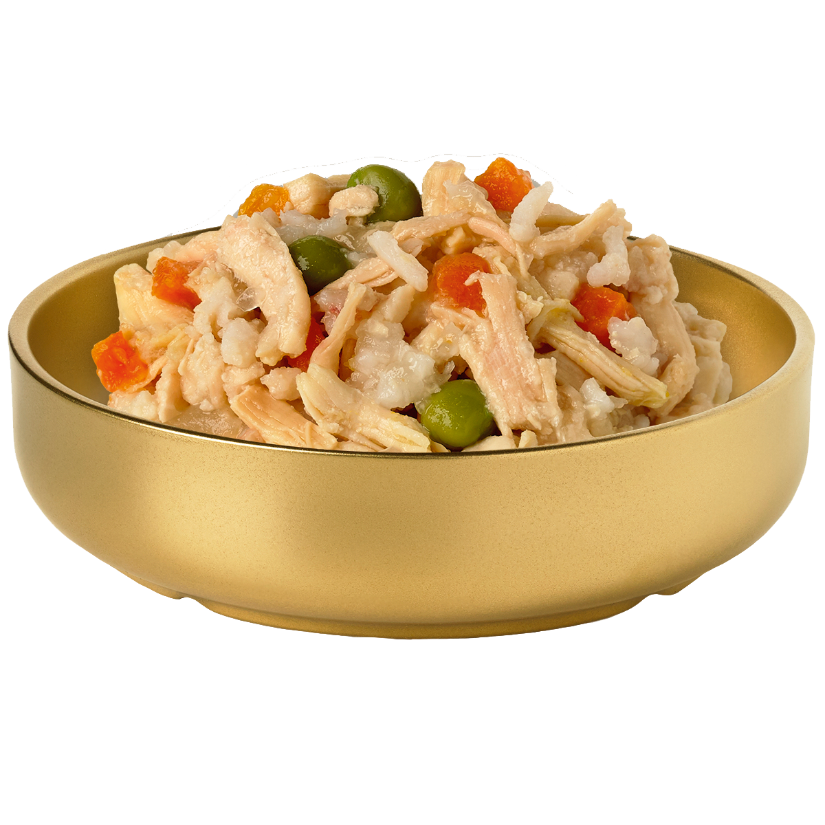 Bowl of HiLife Banquet Flaked Chicken with Rice and Veg Dog Food showing flakes of real chicken, peas, carrots