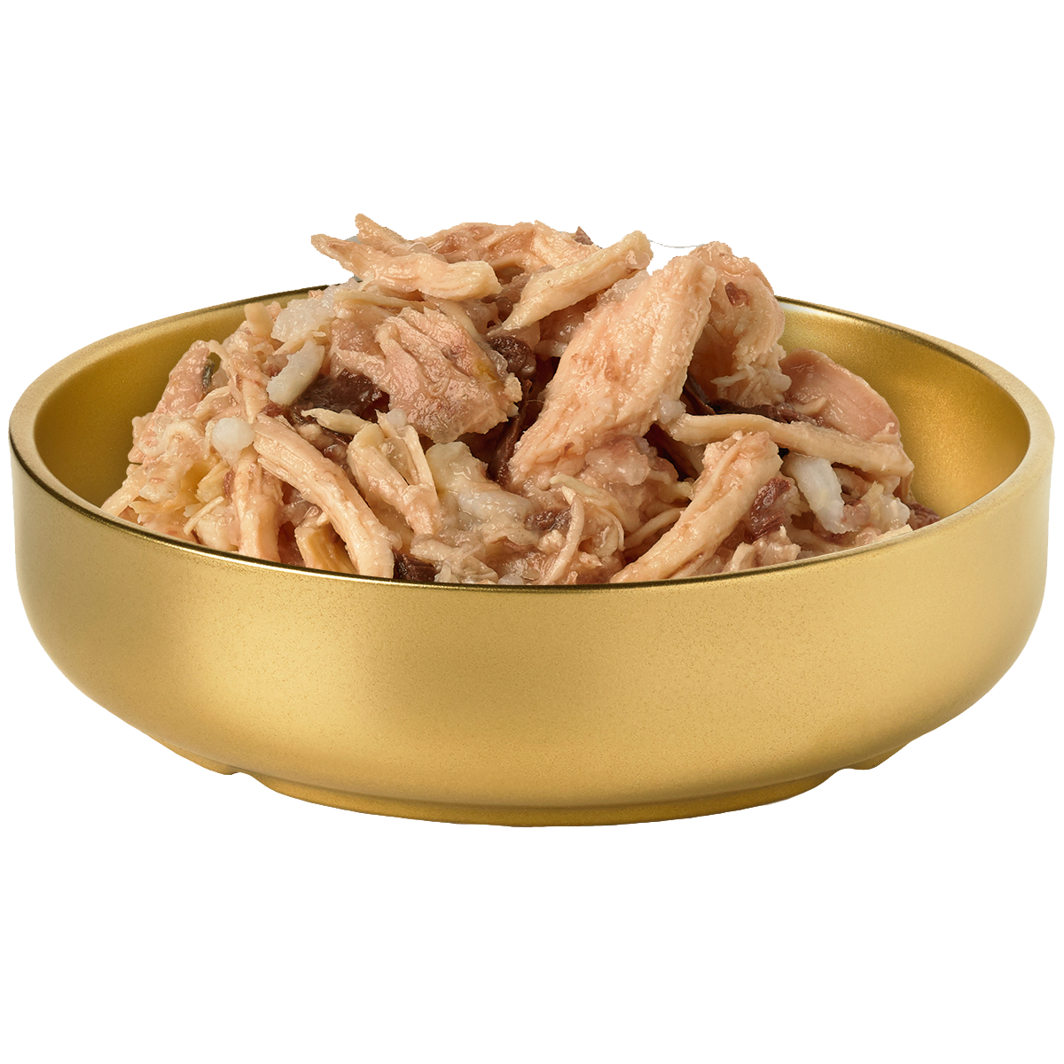 Food shot of a bowl of HiLife Banquet Flaked Chicken with Rice and Tuna Dog Food showing flakes of real chicken, rice and tuna