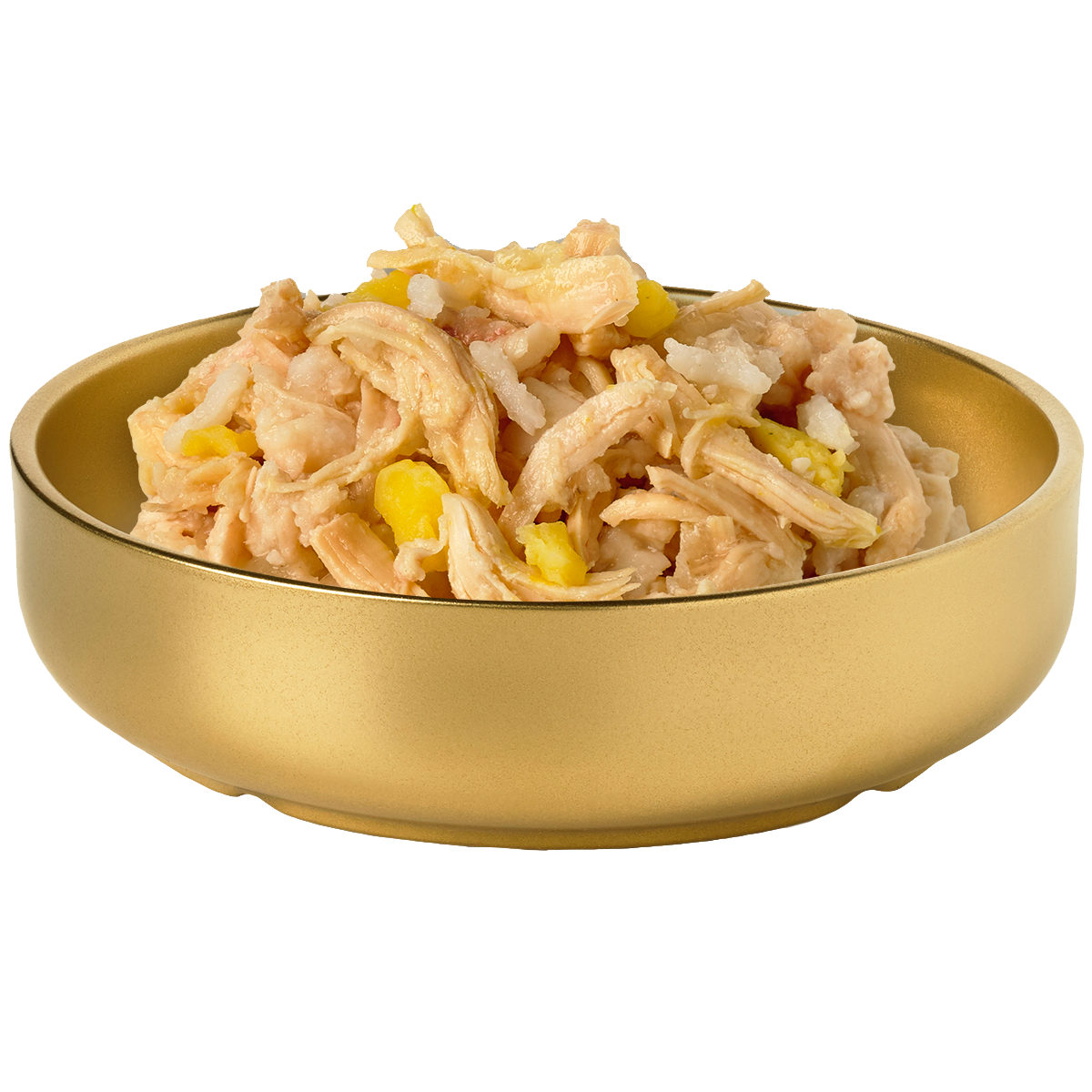 Bowl of HiLife Banquet Flaked Chicken with Rice and Pumpkin Dog Food showing flakes of real chicken, rice and pumpkin