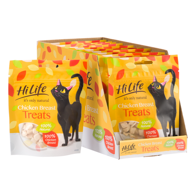 Picture of 12 bags of HiLife its only natural Chicken Breast treats, made with 100% natural ingredients