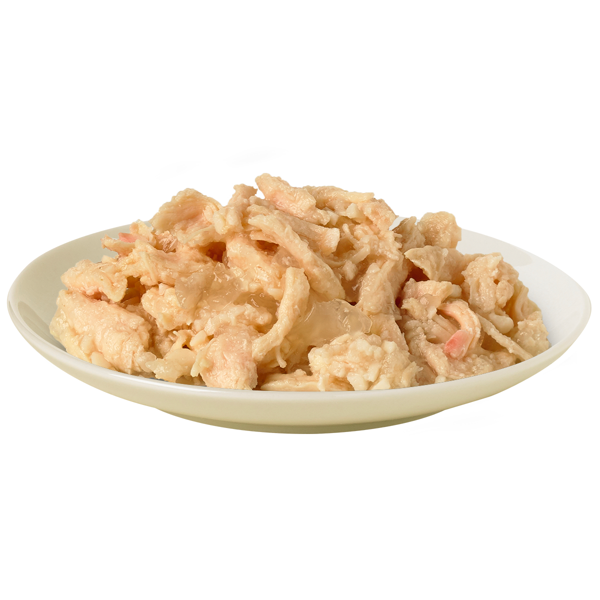 Delicious plate of HiLife Perfection wet pouch cat food showing delicate flakes of chicken breast in jelly