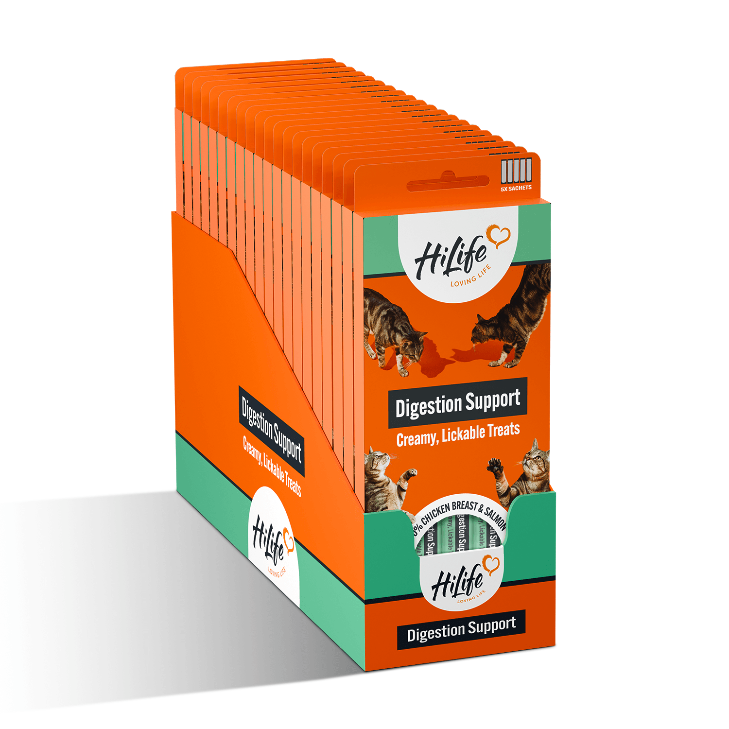 Box of HiLife cat licks for digestion support on a white background