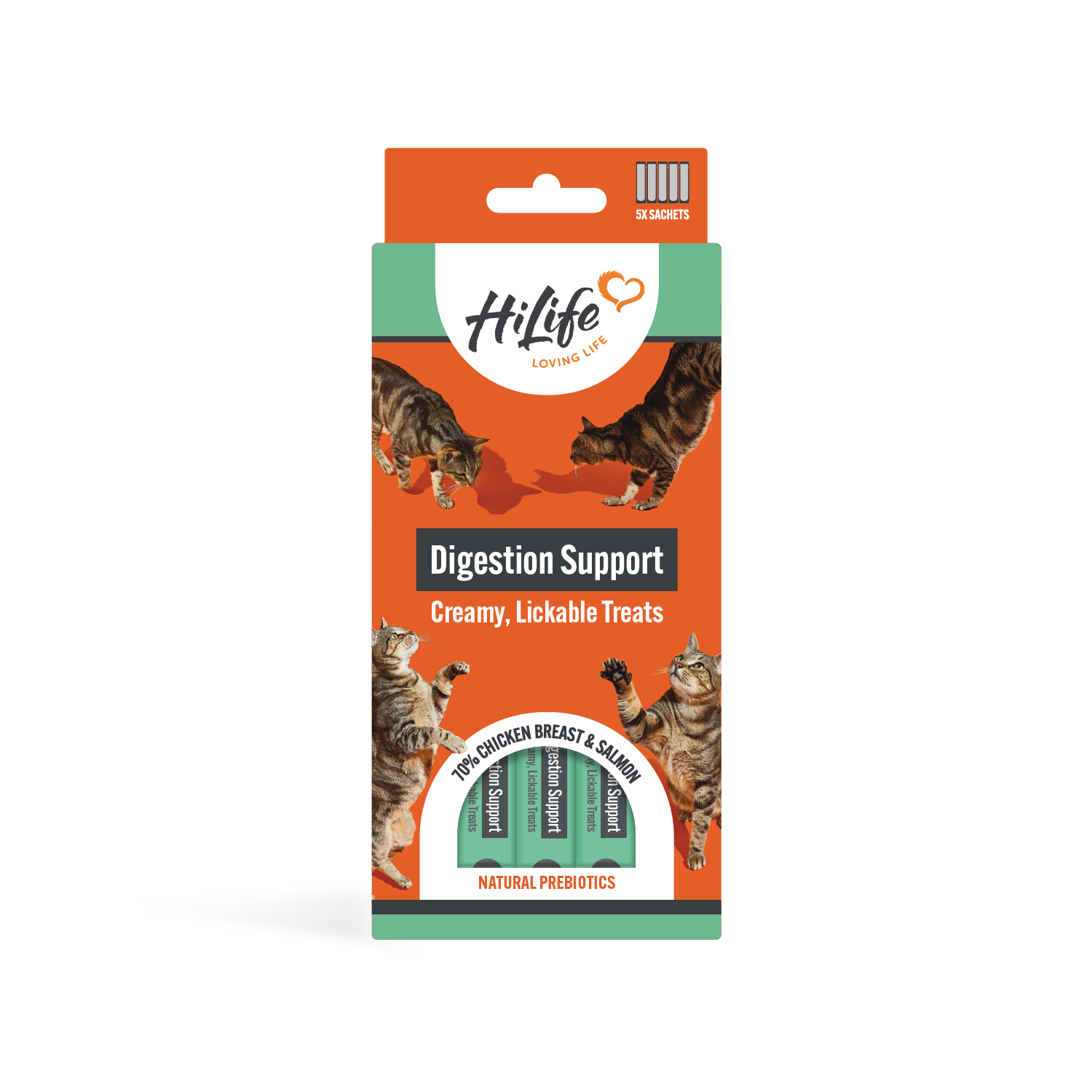 HiLife cat licks packaging for digestion support on a white background