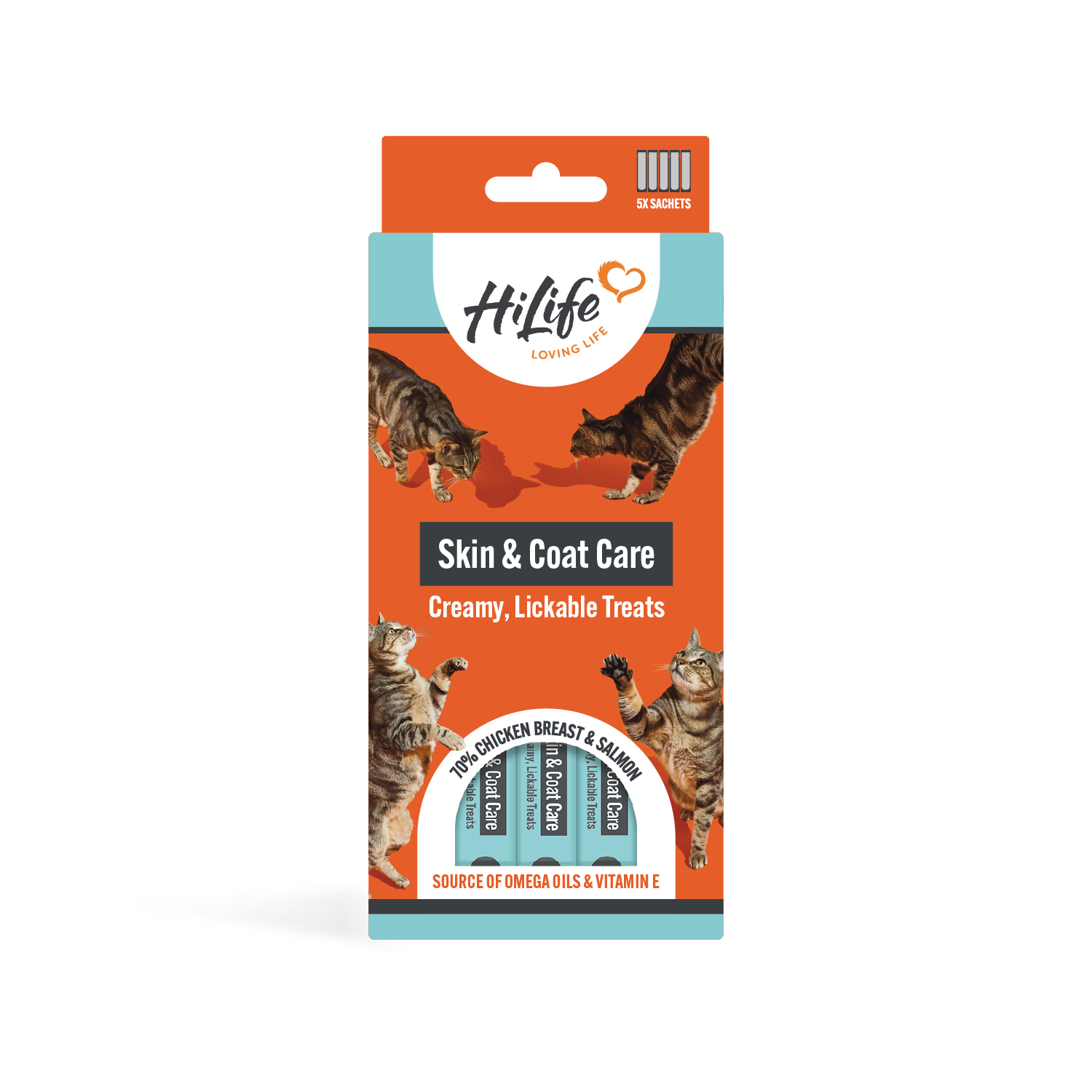 HiLife cat treat package for skin and coat care on a white background