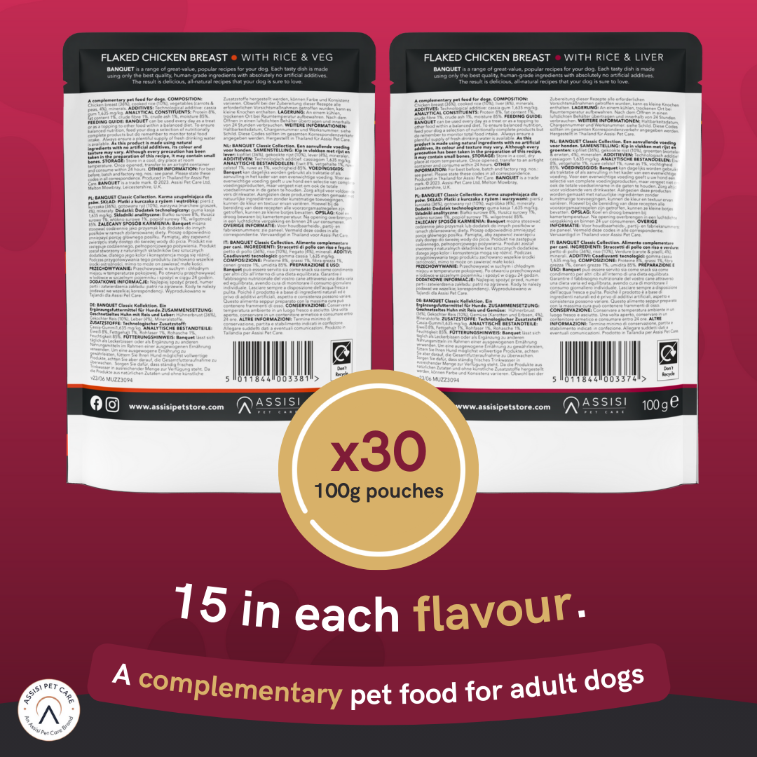 Banquet Adult Dog Mixed Case Chicken with Rice and Veg or Liver in Jelly Pouch - 30 Pack