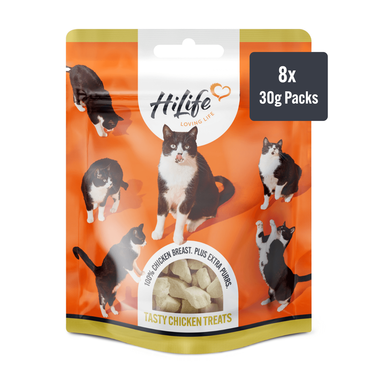HiLife Tasty Chicken Cat Treats - 30g "Bigger Pack" Pouch (Case of 8). Made from 100% Chicken Breast.