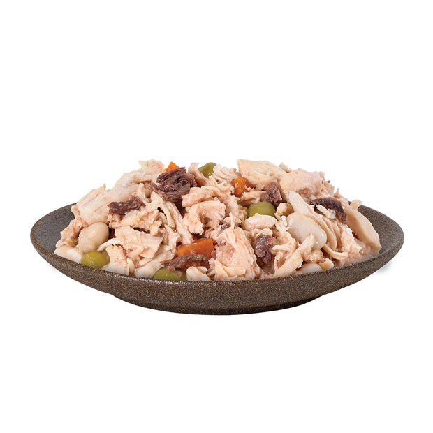Bowl of HiLife its only natural Luxury Chicken Breast with tuna, beans and vegetables in broth wet dog food pouch, made with 100 percent natural ingredients, with visible high quality chicken, tuna, beans, carrots and beans