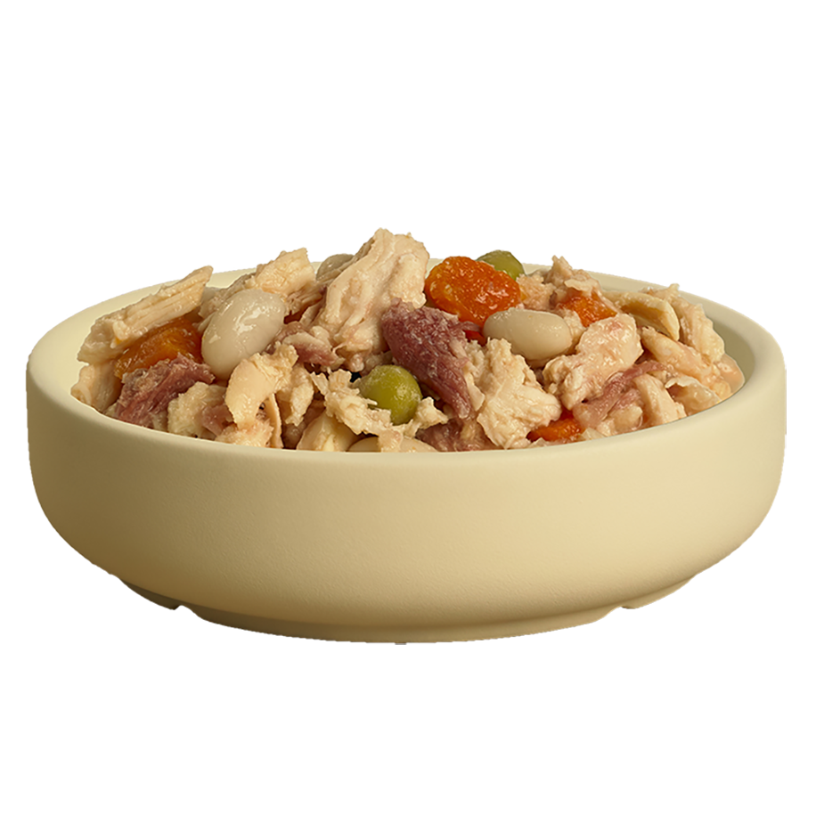 Bowl of delicious HiLife its only natural Luxury Chicken Breast with beef, beans and veg pouch dog food showing high quality chicken breast, beef, beans, and veg