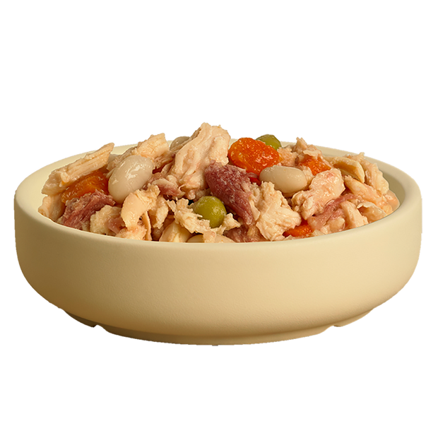 Bowl of delicious HiLife its only natural Luxury Chicken Breast with beef, beans and veg pouch dog food showing high quality chicken breast, beef, beans, and veg