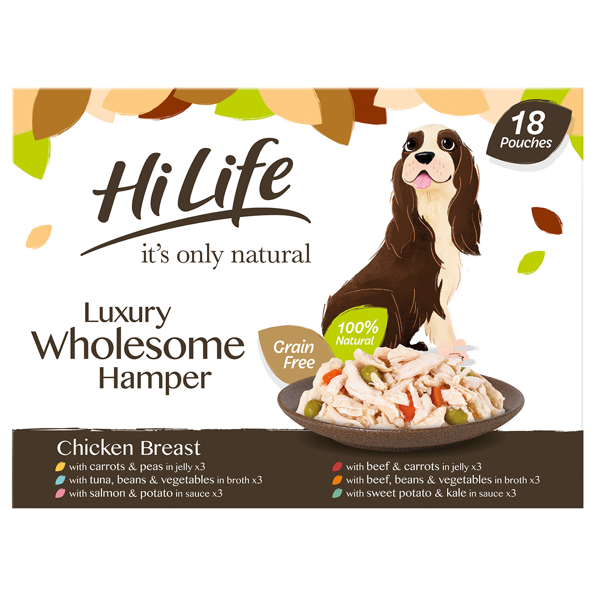 Front facing of HiLife its only natural The Luxury Wholesome Hamper featuring 18 mixed chicken recipe dog food pouches, made with 100 percent natural ingredients and 60 percent meat or fish.