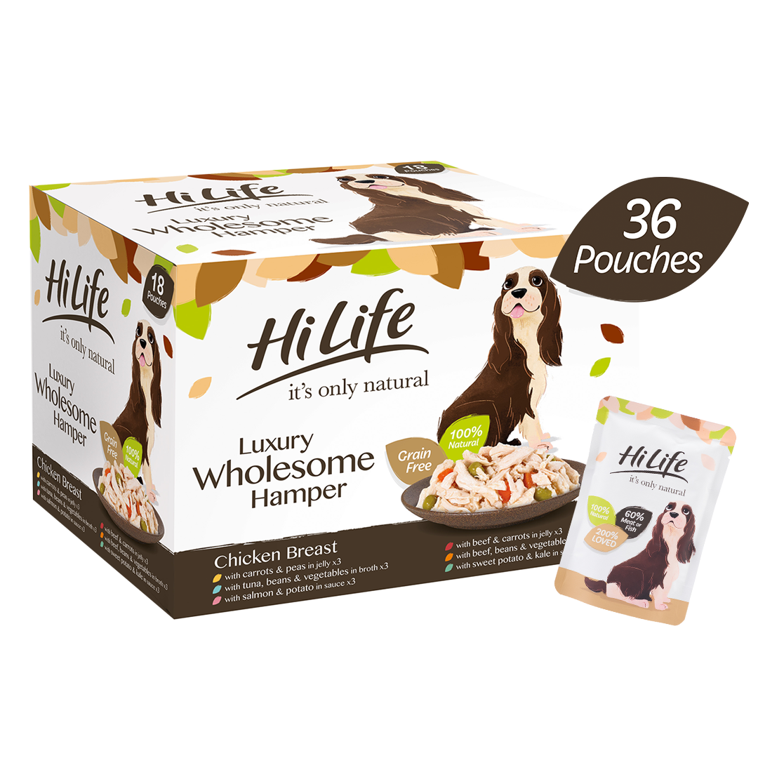 Side  facing 36 pouch box of HiLife its only natural pouch dog foods.  Made with high quality ingredients including 60 percent meat or fish.