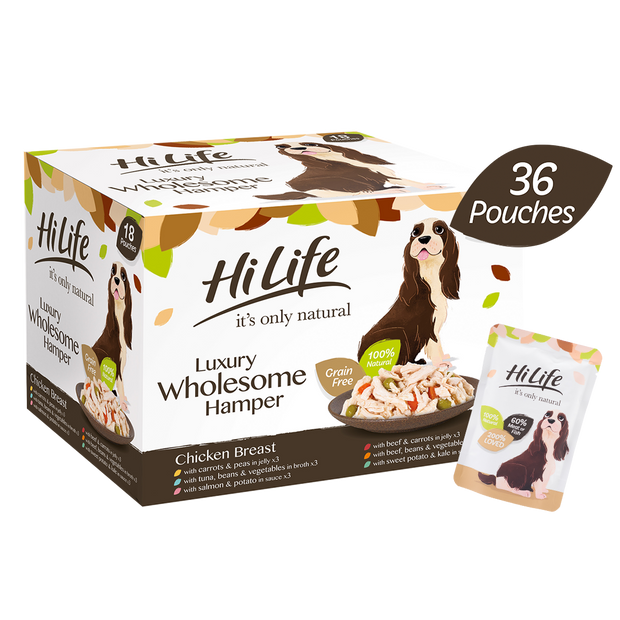 Side  facing 36 pouch box of HiLife its only natural pouch dog foods.  Made with high quality ingredients including 60 percent meat or fish.
