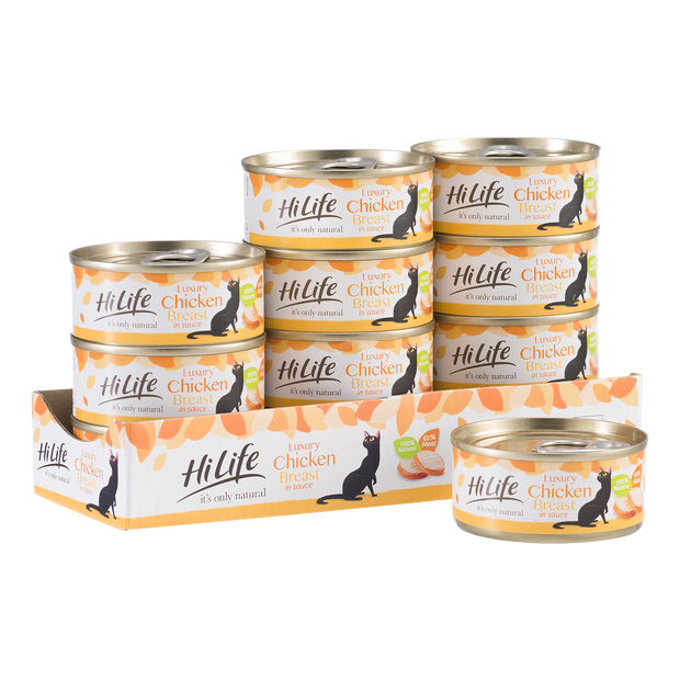 Picture of 12 individual can of HiLife its only natural Luxury canned range for cats.