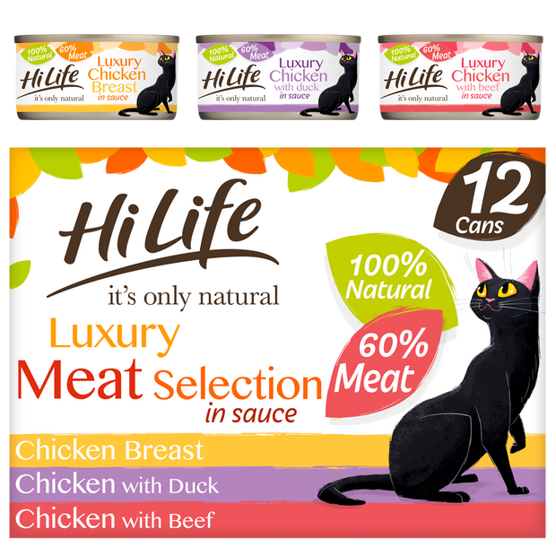 Front facing picture of a HiLife its only natural Luxury Meat Selection multipack in sauce with 100 percent natural ingredients and 60 percent meat.