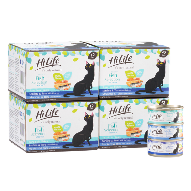 Picture of 48 can case of HiLife its only natural Luxury Fish Selection in sauce containing Tuna Loin Flakes, Sardine and Tuna with Shrimps and Mackerel and Tuna with Salmon recipes - made with high quality 100 percent natural ingredients