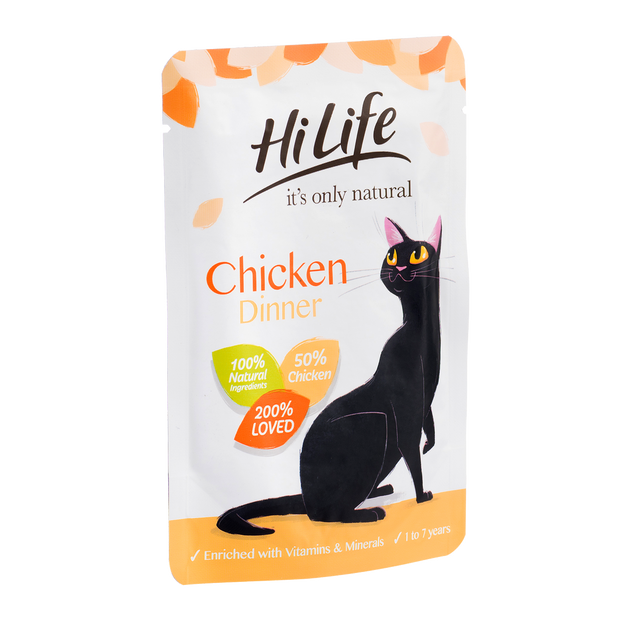 Angled Picture of HiLife its only natural Chicken Dinner pouch cat food with 100% natural ingredients