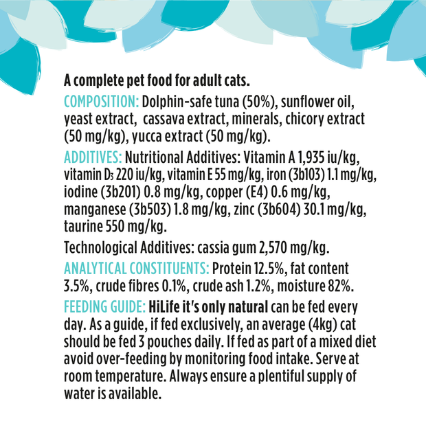 HiLife its only natural tuna flakes cat food pouch with 50% tuna ingredients lists
