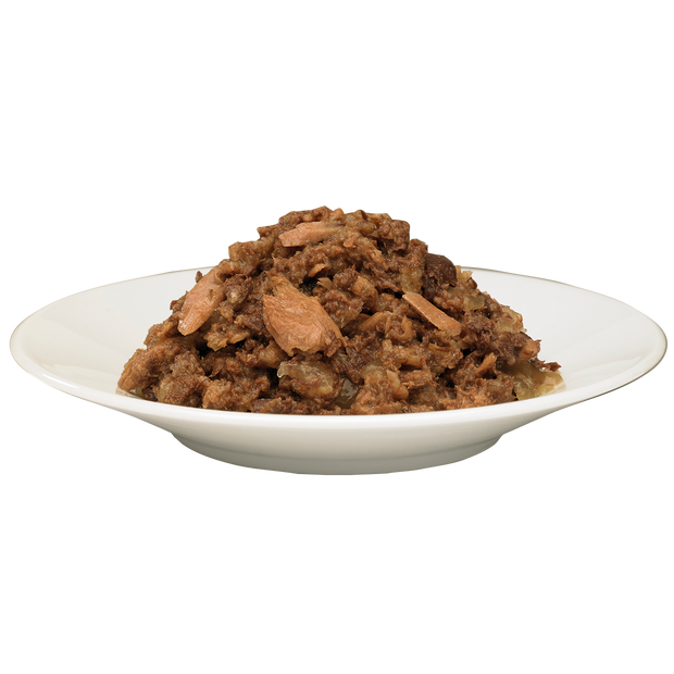Plate of HiLife its only natural Tuna Flakes Cat Food made with 50% tuna and 100% natural ingredients