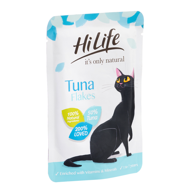 Angled Picture of HiLife its only natural Tuna Flakes Cat Food with 100% natural ingredients