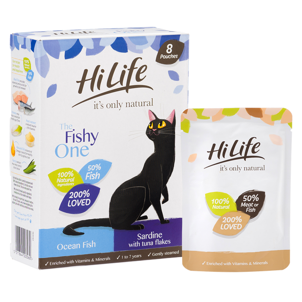 Angled Picture of HiLife its only natural The Fishy One Cat Food with 100% natural ingredients