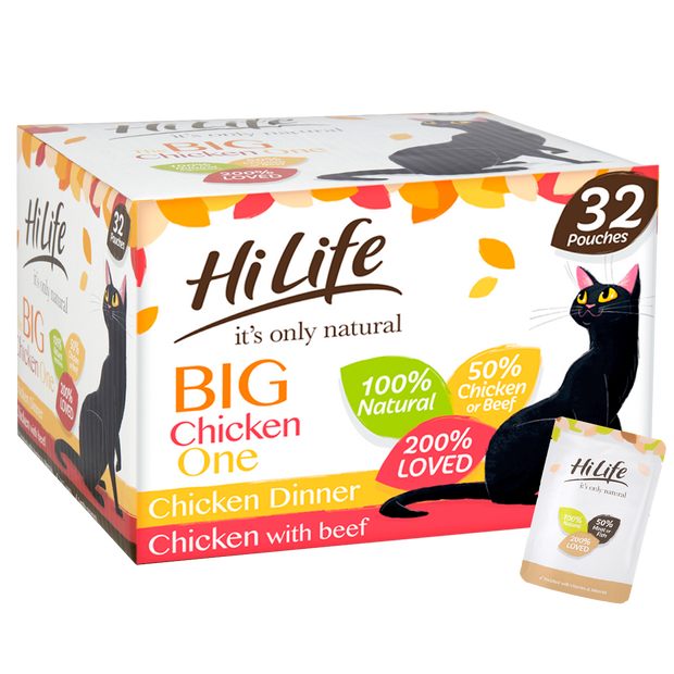 Picture of 32 Pouch Pack of HiLife its only natural The Big Chicken One Cat Food with 100% natural ingredients